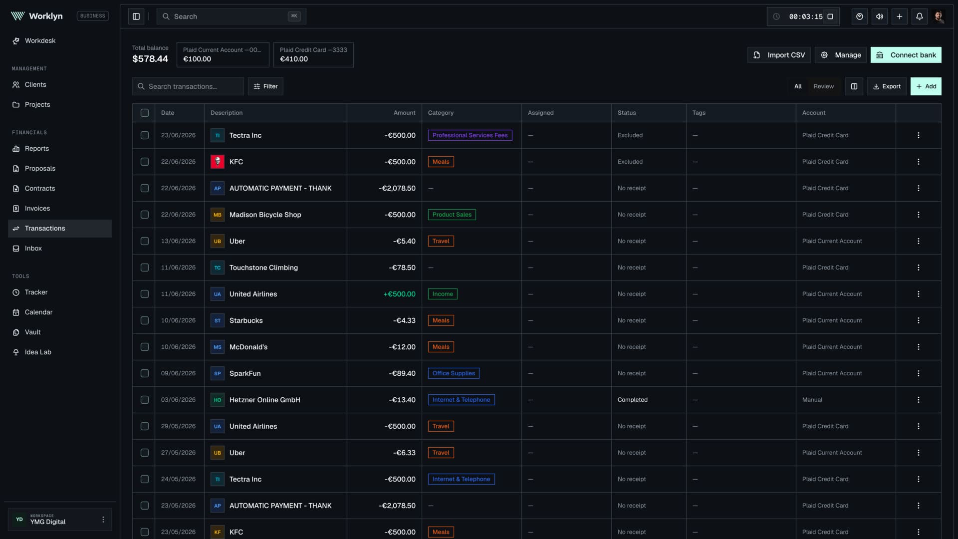 Worklyn app screenshot: revenue and forecast reports