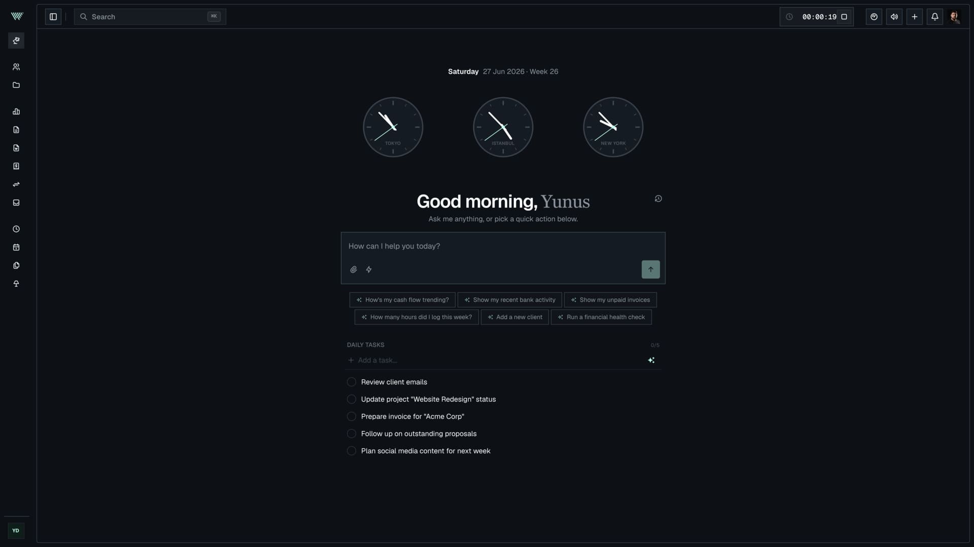 Worklyn app screenshot: financial reports dashboard